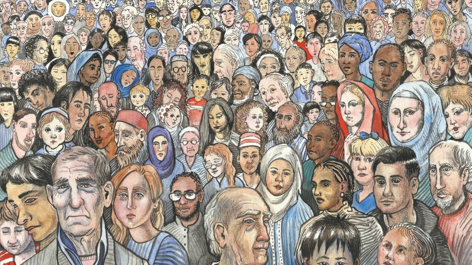 Ilustração de uma multidão com rostos de pessoas de diferentes idades e aparências.